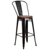 Lily 30" High Black-Antique Gold Metal Barstool with Back and Wood Seat