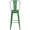 Lily 30" High Green Metal Barstool with Back and Wood Seat