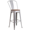 Lily 30" High Silver Metal Barstool with Back and Wood Seat