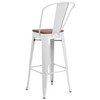 Lily 30" High White Metal Barstool with Back and Wood Seat