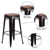 Lily 30" High Backless Black-Antique Gold Metal Barstool with Square Wood Seat