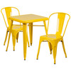 Owen Commercial Grade 23.75" Square Yellow Metal Indoor-Outdoor Table Set with 2 Stack Chairs