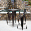 Gable Commercial Grade 23.75" Square Black-Antique Gold Metal Indoor-Outdoor Bar Table Set with 2 Stools with Backs