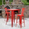 Gable Commercial Grade 23.75" Square Red Metal Indoor-Outdoor Bar Table Set with 2 Stools with Backs