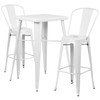 Gable Commercial Grade 23.75" Square White Metal Indoor-Outdoor Bar Table Set with 2 Stools with Backs