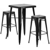 Stone Commercial Grade 23.75" Square Black Metal Indoor-Outdoor Bar Table Set with 2 Square Seat Backless Stools