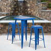 Stone Commercial Grade 23.75" Square Blue Metal Indoor-Outdoor Bar Table Set with 2 Square Seat Backless Stools