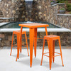Stone Commercial Grade 23.75" Square Orange Metal Indoor-Outdoor Bar Table Set with 2 Square Seat Backless Stools