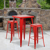 Stone Commercial Grade 23.75" Square Red Metal Indoor-Outdoor Bar Table Set with 2 Square Seat Backless Stools