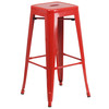 Stone Commercial Grade 23.75" Square Red Metal Indoor-Outdoor Bar Table Set with 2 Square Seat Backless Stools