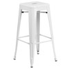 Stone Commercial Grade 23.75" Square White Metal Indoor-Outdoor Bar Table Set with 2 Square Seat Backless Stools