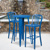 Earl Commercial Grade 24" Round Blue Metal Indoor-Outdoor Bar Table Set with 2 Vertical Slat Back Stools