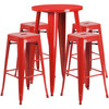 Ormsby Commercial Grade 24" Round Red Metal Indoor-Outdoor Bar Table Set with 4 Square Seat Backless Stools