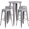 Ormsby Commercial Grade 24" Round Silver Metal Indoor-Outdoor Bar Table Set with 4 Square Seat Backless Stools