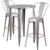 Caron Commercial Grade 30" Round Silver Metal Indoor-Outdoor Bar Table Set with 2 Cafe Stools