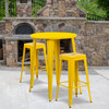 Boyd Commercial Grade 30" Round Yellow Metal Indoor-Outdoor Bar Table Set with 2 Square Seat Backless Stools