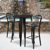 Brad Commercial Grade 30" Round Black Metal Indoor-Outdoor Bar Table Set with 2 Vertical Slat Back Stools