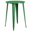 Brad Commercial Grade 30" Round Green Metal Indoor-Outdoor Bar Table Set with 2 Vertical Slat Back Stools