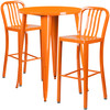 Brad Commercial Grade 30" Round Orange Metal Indoor-Outdoor Bar Table Set with 2 Vertical Slat Back Stools