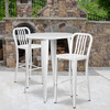 Brad Commercial Grade 30" Round White Metal Indoor-Outdoor Bar Table Set with 2 Vertical Slat Back Stools
