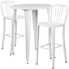 Brad Commercial Grade 30" Round White Metal Indoor-Outdoor Bar Table Set with 2 Vertical Slat Back Stools