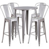 Callum Commercial Grade 30" Round Silver Metal Indoor-Outdoor Bar Table Set with 4 Cafe Stools