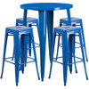 Coby Commercial Grade 30" Round Blue Metal Indoor-Outdoor Bar Table Set with 4 Square Seat Backless Stools