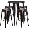 Coby Commercial Grade 30" Round Black-Antique Gold Metal Indoor-Outdoor Bar Table Set with 4 Square Seat Backless Stools