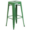 Coby Commercial Grade 30" Round Green Metal Indoor-Outdoor Bar Table Set with 4 Square Seat Backless Stools