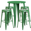 Coby Commercial Grade 30" Round Green Metal Indoor-Outdoor Bar Table Set with 4 Square Seat Backless Stools