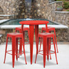 Coby Commercial Grade 30" Round Red Metal Indoor-Outdoor Bar Table Set with 4 Square Seat Backless Stools