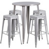 Coby Commercial Grade 30" Round Silver Metal Indoor-Outdoor Bar Table Set with 4 Square Seat Backless Stools