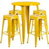 Coby Commercial Grade 30" Round Yellow Metal Indoor-Outdoor Bar Table Set with 4 Square Seat Backless Stools