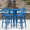 Tristan Commercial Grade 30" Round Blue Metal Indoor-Outdoor Bar Table Set with 4 Vertical Slat Back Stools