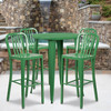 Tristan Commercial Grade 30" Round Green Metal Indoor-Outdoor Bar Table Set with 4 Vertical Slat Back Stools