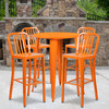 Tristan Commercial Grade 30" Round Orange Metal Indoor-Outdoor Bar Table Set with 4 Vertical Slat Back Stools