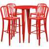 Tristan Commercial Grade 30" Round Red Metal Indoor-Outdoor Bar Table Set with 4 Vertical Slat Back Stools