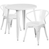 Conrad  Commercial Grade 30" Round White Metal Indoor-Outdoor Table Set with 2 Arm Chairs