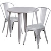 Baker Commercial Grade 30" Round Silver Metal Indoor-Outdoor Table Set with 2 Cafe Chairs