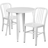 Craig Commercial Grade 30" Round White Metal Indoor-Outdoor Table Set with 2 Vertical Slat Back Chairs