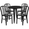 Chad Commercial Grade 30" Round Black Metal Indoor-Outdoor Table Set with 4 Vertical Slat Back Chairs