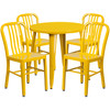 Chad Commercial Grade 30" Round Yellow Metal Indoor-Outdoor Table Set with 4 Vertical Slat Back Chairs