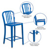 Gael Commercial Grade 24" High Blue Metal Indoor-Outdoor Counter Height Stool with Vertical Slat Back