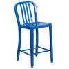 Gael Commercial Grade 24" High Blue Metal Indoor-Outdoor Counter Height Stool with Vertical Slat Back