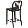 Gael Commercial Grade 24" High Black-Antique Gold Metal Indoor-Outdoor Counter Height Stool with Vertical Slat Back