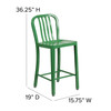 Gael Commercial Grade 24" High Green Metal Indoor-Outdoor Counter Height Stool with Vertical Slat Back