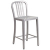 Gael Commercial Grade 24" High Silver Metal Indoor-Outdoor Counter Height Stool with Vertical Slat Back