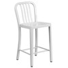 Gael Commercial Grade 24" High White Metal Indoor-Outdoor Counter Height Stool with Vertical Slat Back