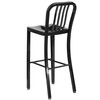 Gael Commercial Grade 30" High Black Metal Indoor-Outdoor Barstool with Vertical Slat Back