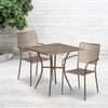 Oia Commercial Grade 28" Square Gold Indoor-Outdoor Steel Patio Table Set with 2 Square Back Chairs